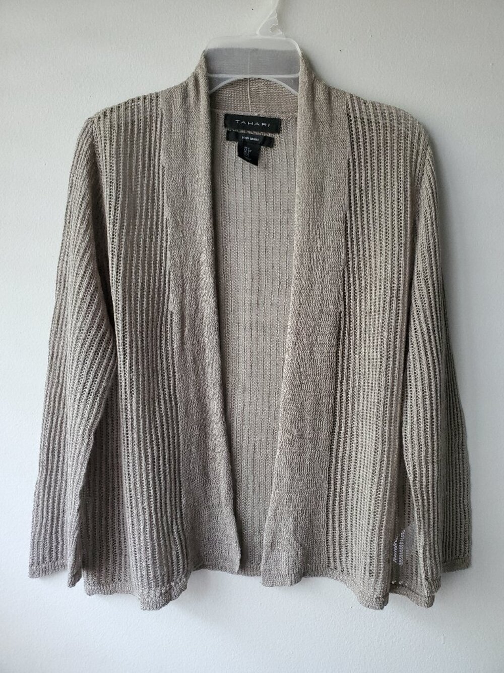NEW Tahari 100% Linen Knit Cardigan Sweater Open Front 3/4 Sleeve See-Through  S